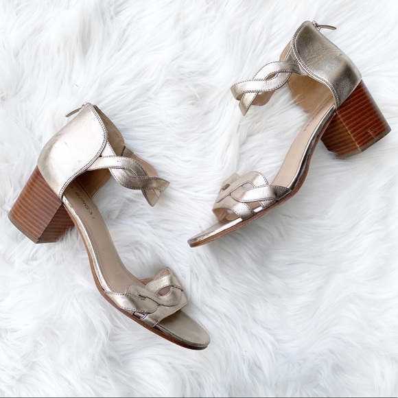 Via Spiga Stacked Heel Gold Leather Sandals - Picture 2 of 7